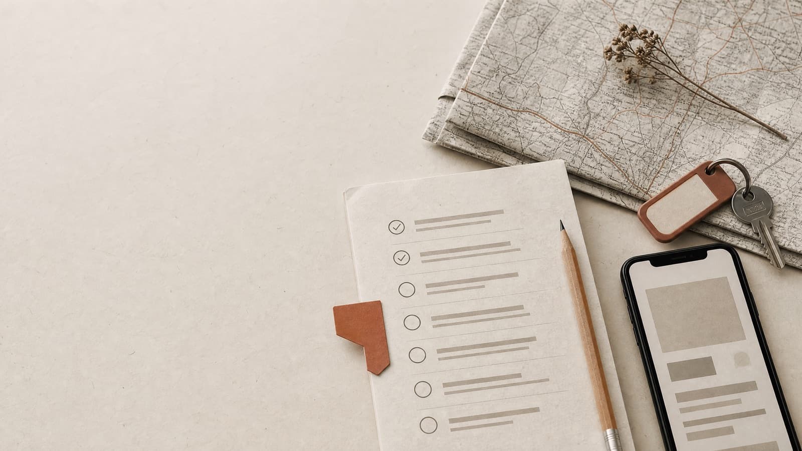 Mesa de trabalho com materiais de pesquisa e anotações